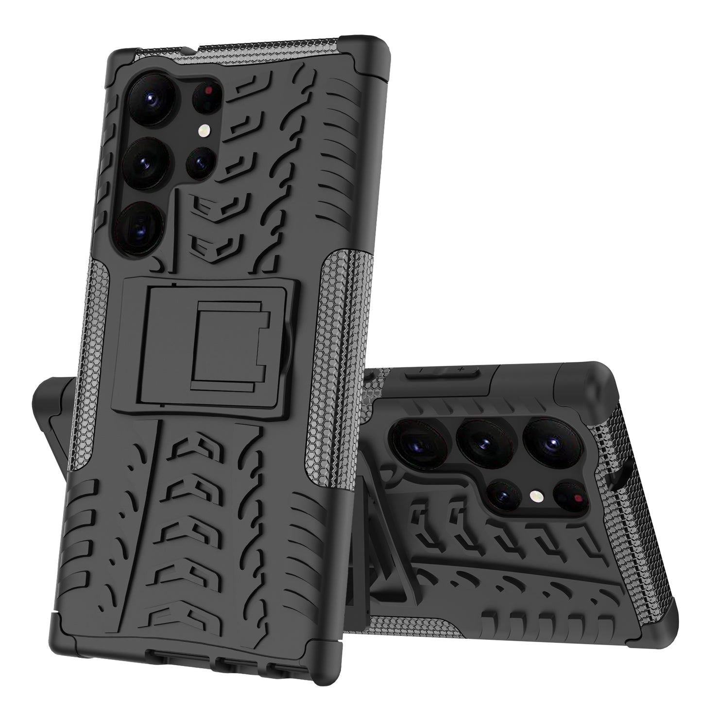 For Samsung Galaxy S23 Ultra Hard PC+TPU Rugged Tire Pattern  Kickstand Design Phone Case Back Cover