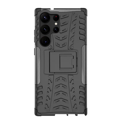 For Samsung Galaxy S23 Ultra Hard PC+TPU Rugged Tire Pattern  Kickstand Design Phone Case Back Cover