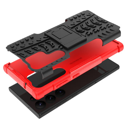 For Samsung Galaxy S23 Ultra Hard PC+TPU Rugged Tire Pattern  Kickstand Design Phone Case Back Cover