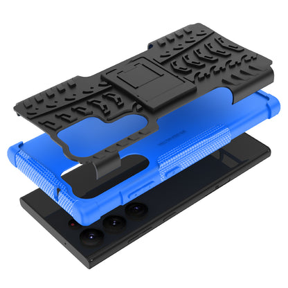 For Samsung Galaxy S23 Ultra Hard PC+TPU Rugged Tire Pattern  Kickstand Design Phone Case Back Cover