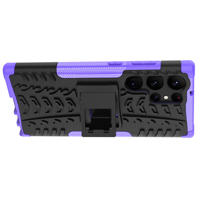 For Samsung Galaxy S23 Ultra Hard PC+TPU Rugged Tire Pattern  Kickstand Design Phone Case Back Cover