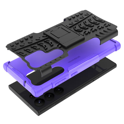 For Samsung Galaxy S23 Ultra Hard PC+TPU Rugged Tire Pattern  Kickstand Design Phone Case Back Cover