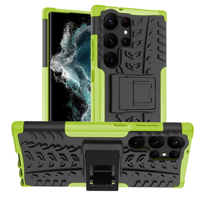 For Samsung Galaxy S23 Ultra Hard PC+TPU Rugged Tire Pattern  Kickstand Design Phone Case Back Cover