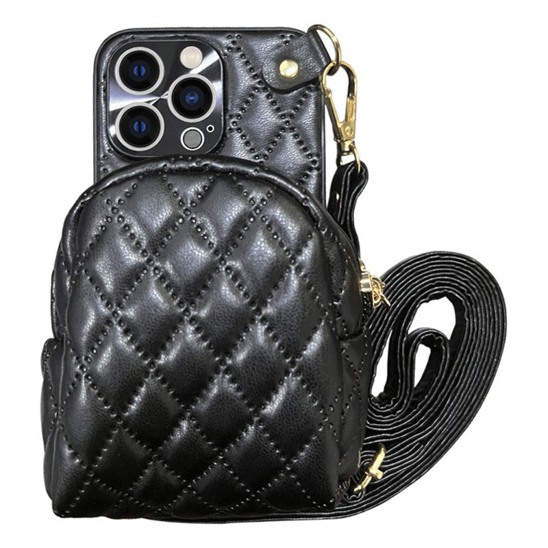 For iPhone 13 Pro 6.1 inch Imprinted Rhombus Pattern PU Leather Coated PC Phone Case Crossbody Strap Zipper Cover with Card Holder
