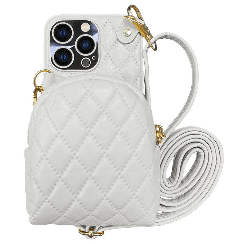 For iPhone 13 Pro 6.1 inch Imprinted Rhombus Pattern PU Leather Coated PC Phone Case Crossbody Strap Zipper Cover with Card Holder