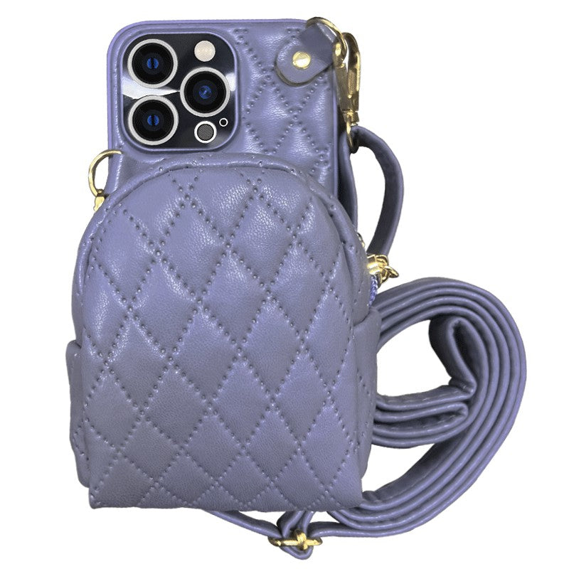 For iPhone 13 Pro 6.1 inch Imprinted Rhombus Pattern PU Leather Coated PC Phone Case Crossbody Strap Zipper Cover with Card Holder