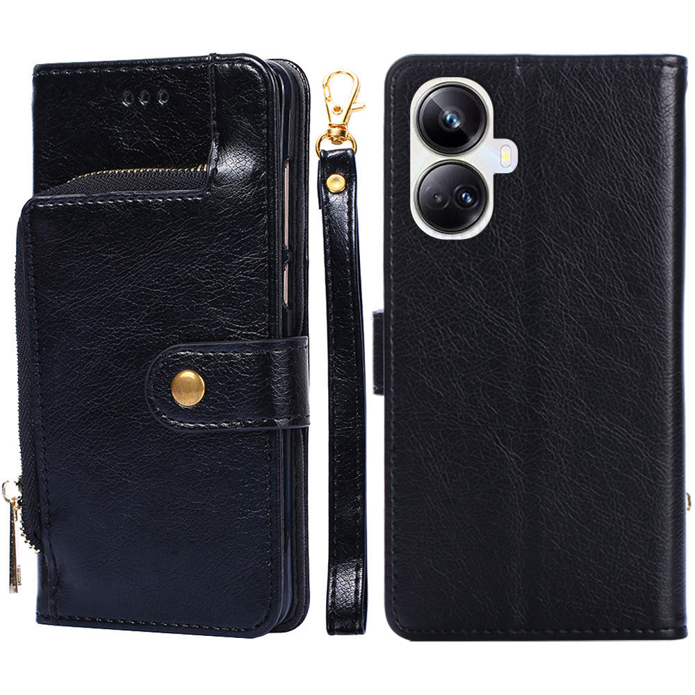 For Realme 10 Pro+ 5G Zipper Pocket PU Leather Shockproof Phone Case Wallet Stand Cover with Handy Strap