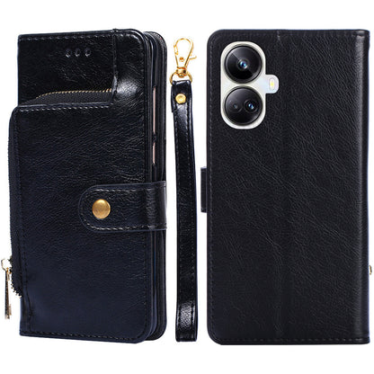 For Realme 10 Pro+ 5G Zipper Pocket PU Leather Shockproof Phone Case Wallet Stand Cover with Handy Strap