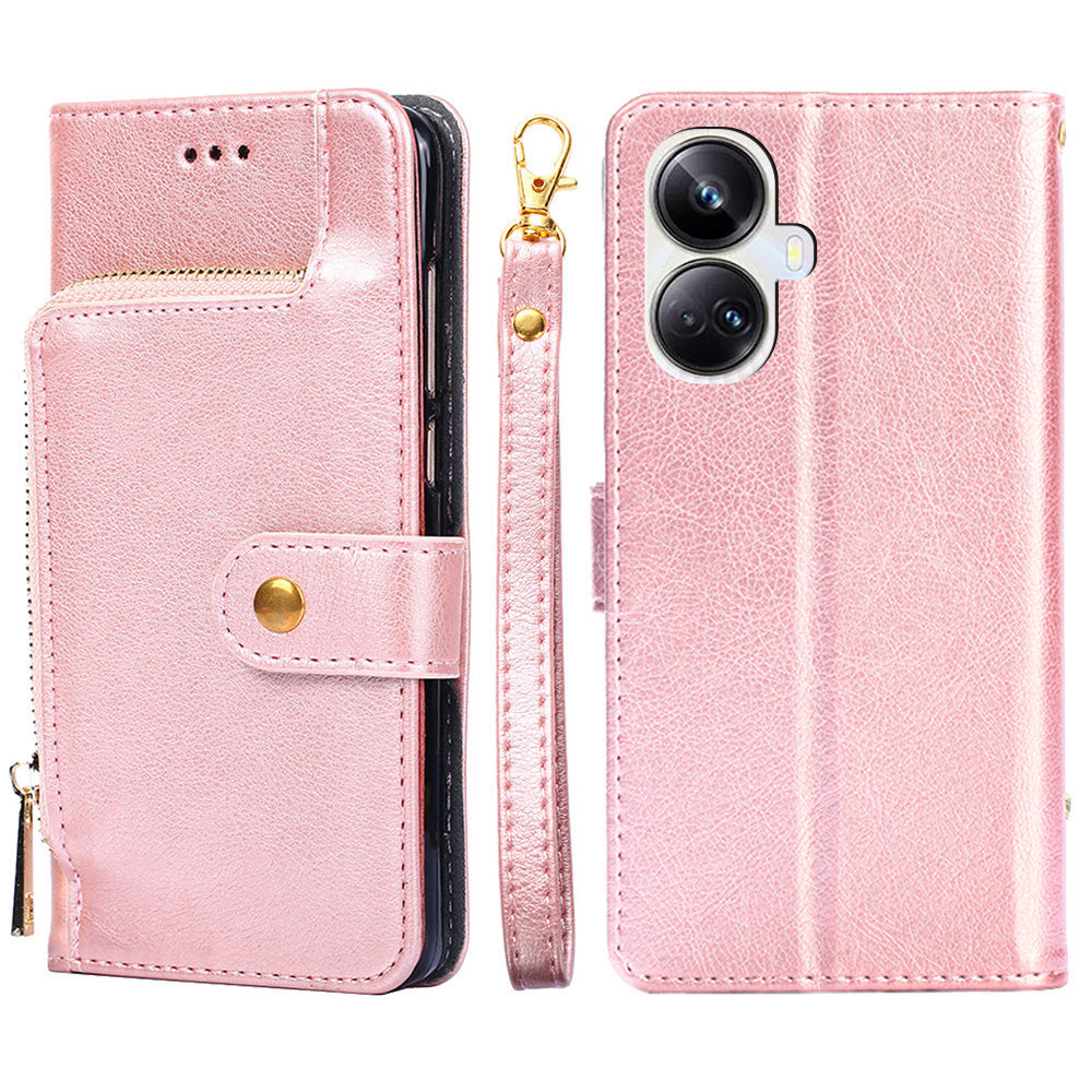 For Realme 10 Pro+ 5G Zipper Pocket PU Leather Shockproof Phone Case Wallet Stand Cover with Handy Strap