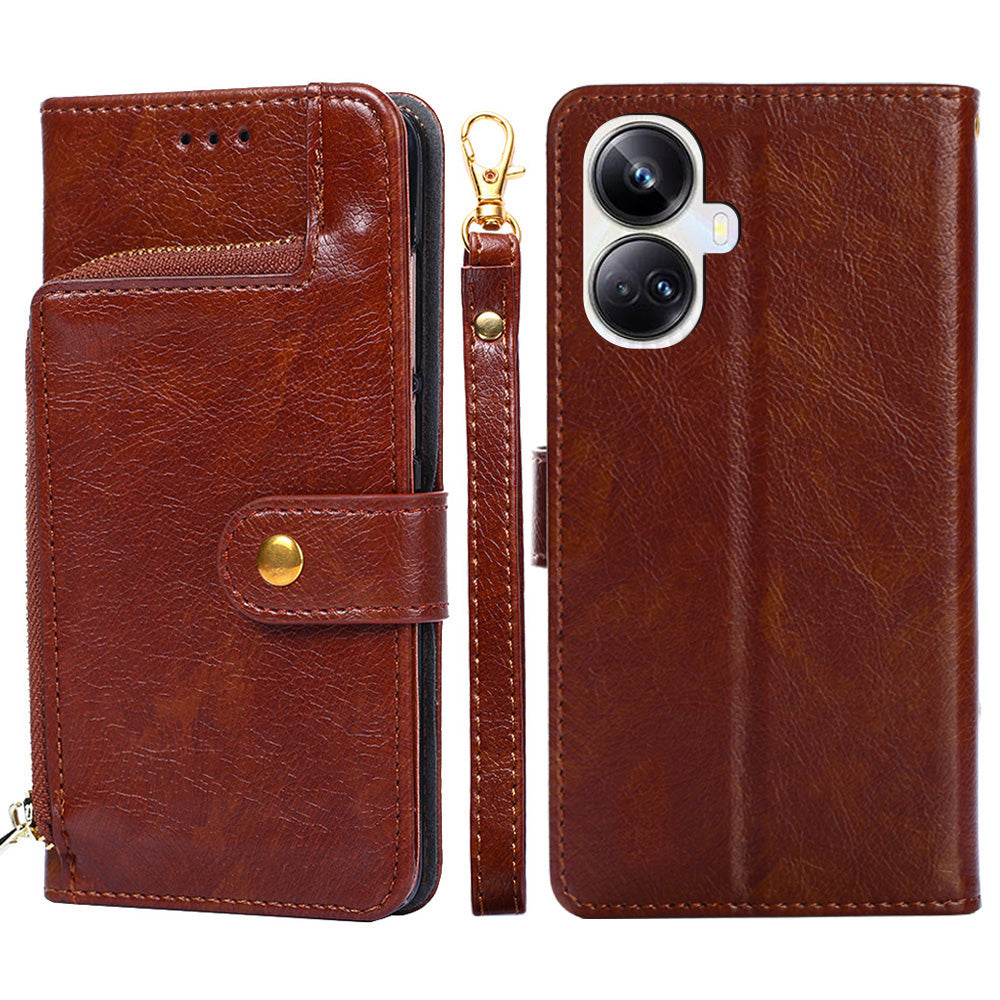 For Realme 10 Pro+ 5G Zipper Pocket PU Leather Shockproof Phone Case Wallet Stand Cover with Handy Strap