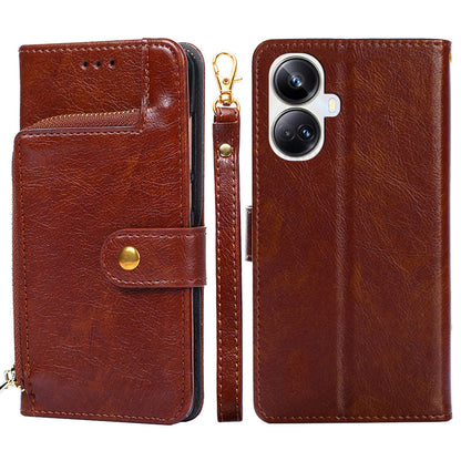 For Realme 10 Pro+ 5G Zipper Pocket PU Leather Shockproof Phone Case Wallet Stand Cover with Handy Strap