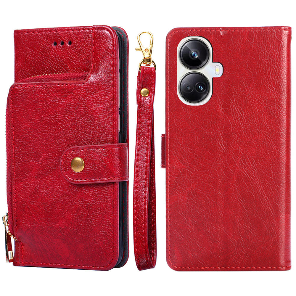 For Realme 10 Pro+ 5G Zipper Pocket PU Leather Shockproof Phone Case Wallet Stand Cover with Handy Strap