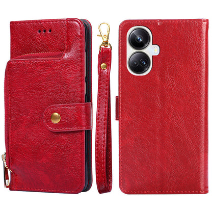 For Realme 10 Pro+ 5G Zipper Pocket PU Leather Shockproof Phone Case Wallet Stand Cover with Handy Strap