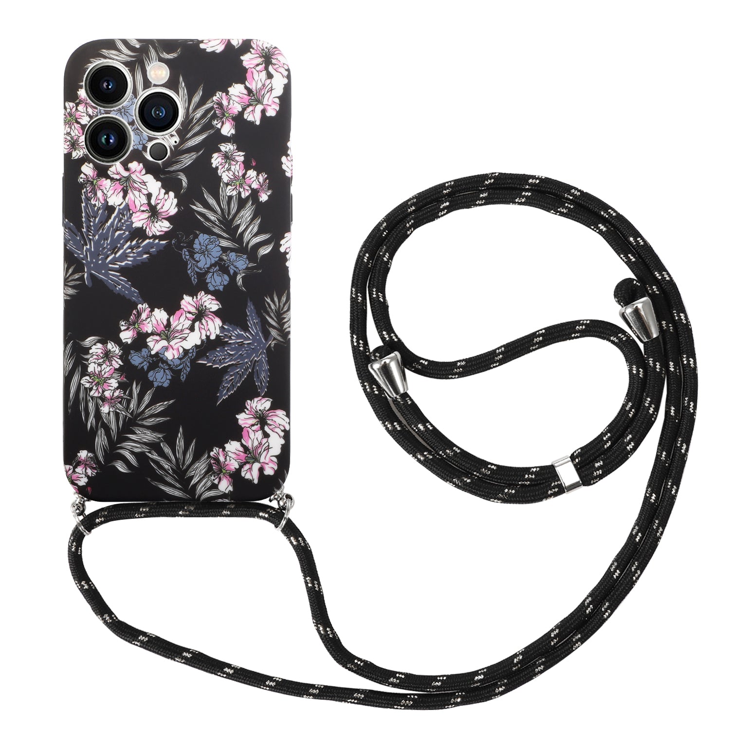 For iPhone 13 Pro 6.1 inch IMD Flower Pattern Printed Phone Cover Flexible TPU Protective Case with Lanyard