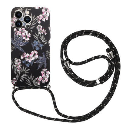 For iPhone 13 Pro 6.1 inch IMD Flower Pattern Printed Phone Cover Flexible TPU Protective Case with Lanyard