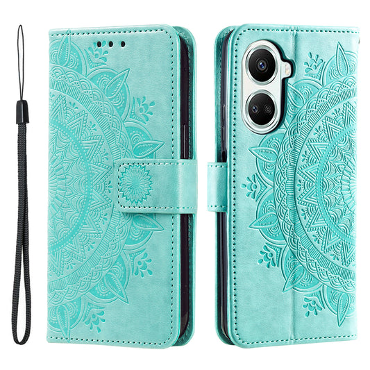 For Huawei nova 10 SE 4G Shockproof Imprinted Mandala Flower Phone Case Anti-drop Wallet Stand Cover with Strap