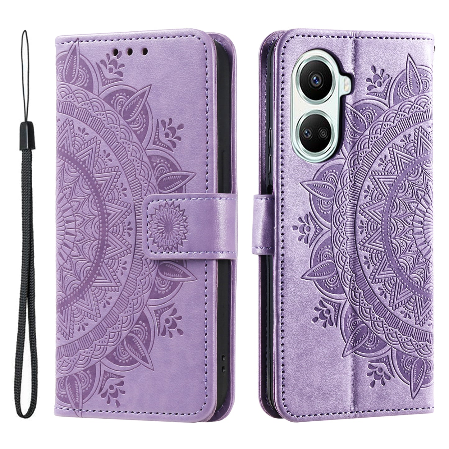 For Huawei nova 10 SE 4G Shockproof Imprinted Mandala Flower Phone Case Anti-drop Wallet Stand Cover with Strap