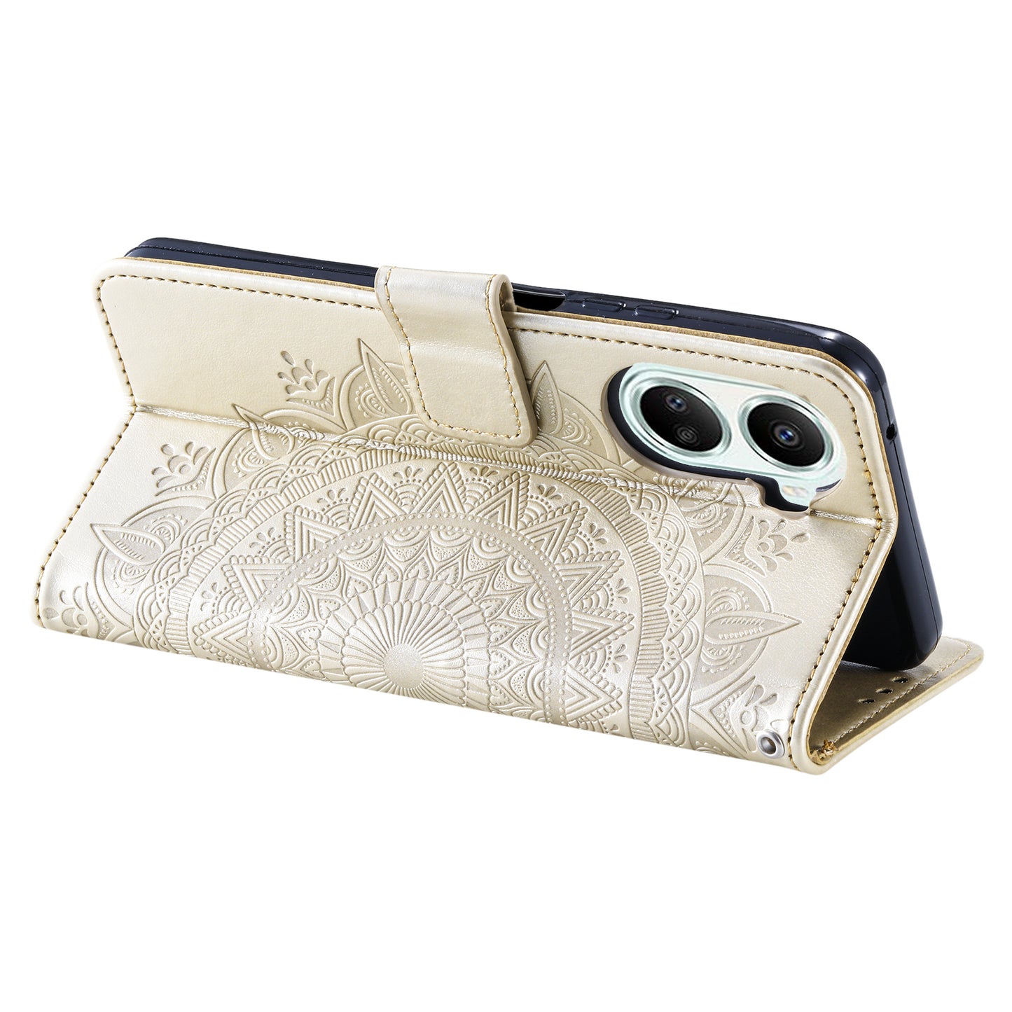 For Huawei nova 10 SE 4G Shockproof Imprinted Mandala Flower Phone Case Anti-drop Wallet Stand Cover with Strap