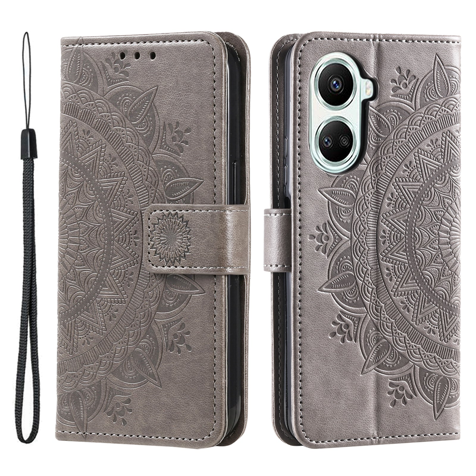 For Huawei nova 10 SE 4G Shockproof Imprinted Mandala Flower Phone Case Anti-drop Wallet Stand Cover with Strap