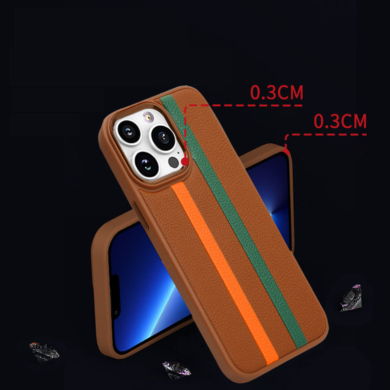 For iPhone 13 Pro 6.1 inch Shockproof Four Corners Airbag Stripes Pattern PU Leather Coated TPU Case Back Cover with Metal Button