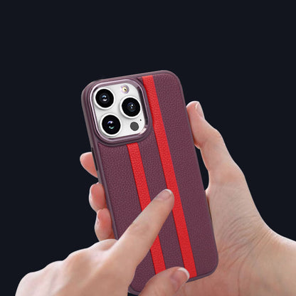 For iPhone 13 Pro 6.1 inch Shockproof Four Corners Airbag Stripes Pattern PU Leather Coated TPU Case Back Cover with Metal Button