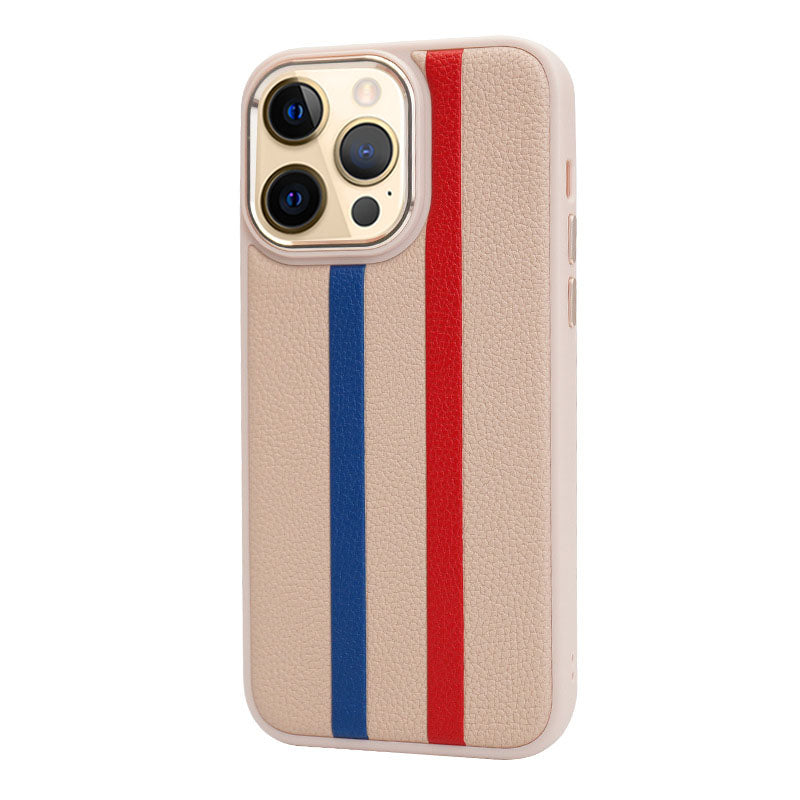 For iPhone 13 Pro 6.1 inch Shockproof Four Corners Airbag Stripes Pattern PU Leather Coated TPU Case Back Cover with Metal Button