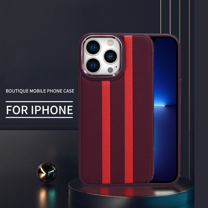 For iPhone 13 Pro 6.1 inch Shockproof Four Corners Airbag Stripes Pattern PU Leather Coated TPU Case Back Cover with Metal Button