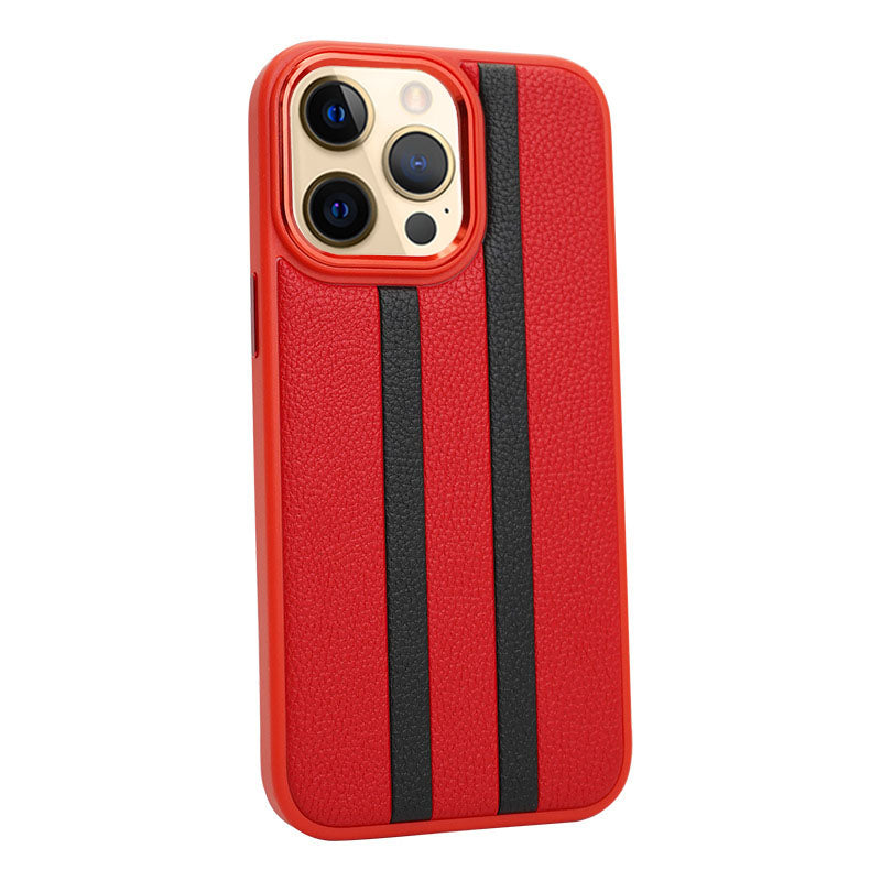 For iPhone 13 Pro 6.1 inch Shockproof Four Corners Airbag Stripes Pattern PU Leather Coated TPU Case Back Cover with Metal Button
