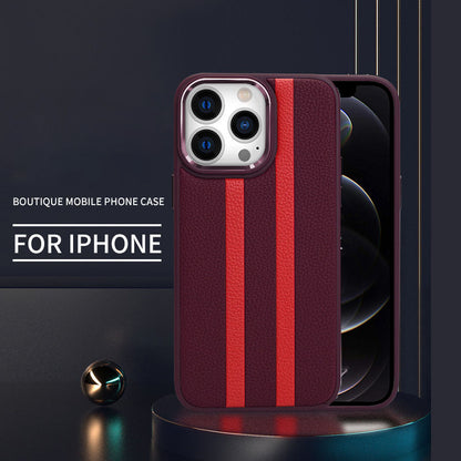 For iPhone 13 Pro 6.1 inch Shockproof Four Corners Airbag Stripes Pattern PU Leather Coated TPU Case Back Cover with Metal Button