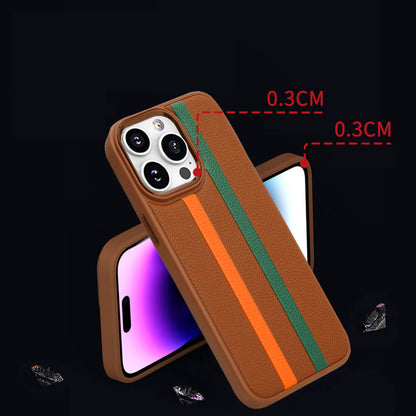 For iPhone 13 Pro 6.1 inch Shockproof Four Corners Airbag Stripes Pattern PU Leather Coated TPU Case Back Cover with Metal Button