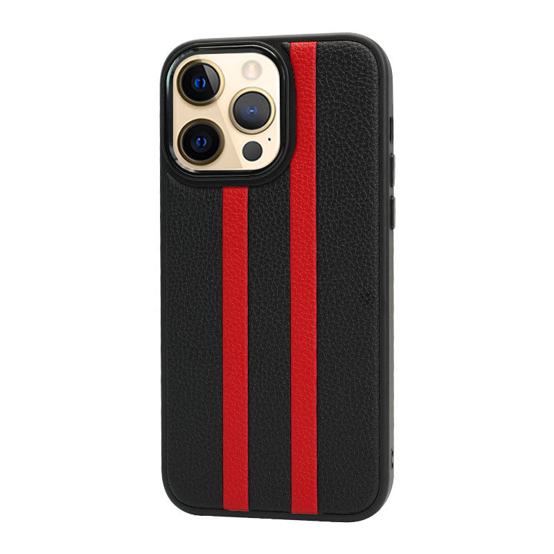 For iPhone 13 Pro 6.1 inch Shockproof Four Corners Airbag Stripes Pattern PU Leather Coated TPU Case Back Cover with Metal Button