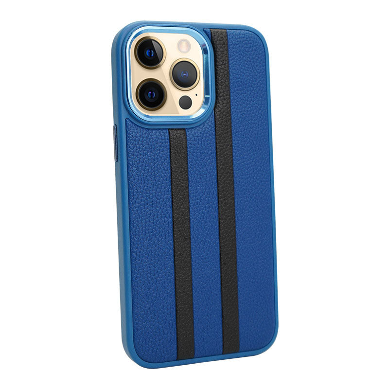 For iPhone 13 Pro 6.1 inch Shockproof Four Corners Airbag Stripes Pattern PU Leather Coated TPU Case Back Cover with Metal Button