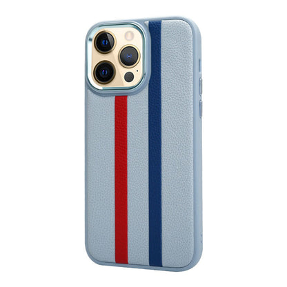 For iPhone 13 Pro 6.1 inch Shockproof Four Corners Airbag Stripes Pattern PU Leather Coated TPU Case Back Cover with Metal Button
