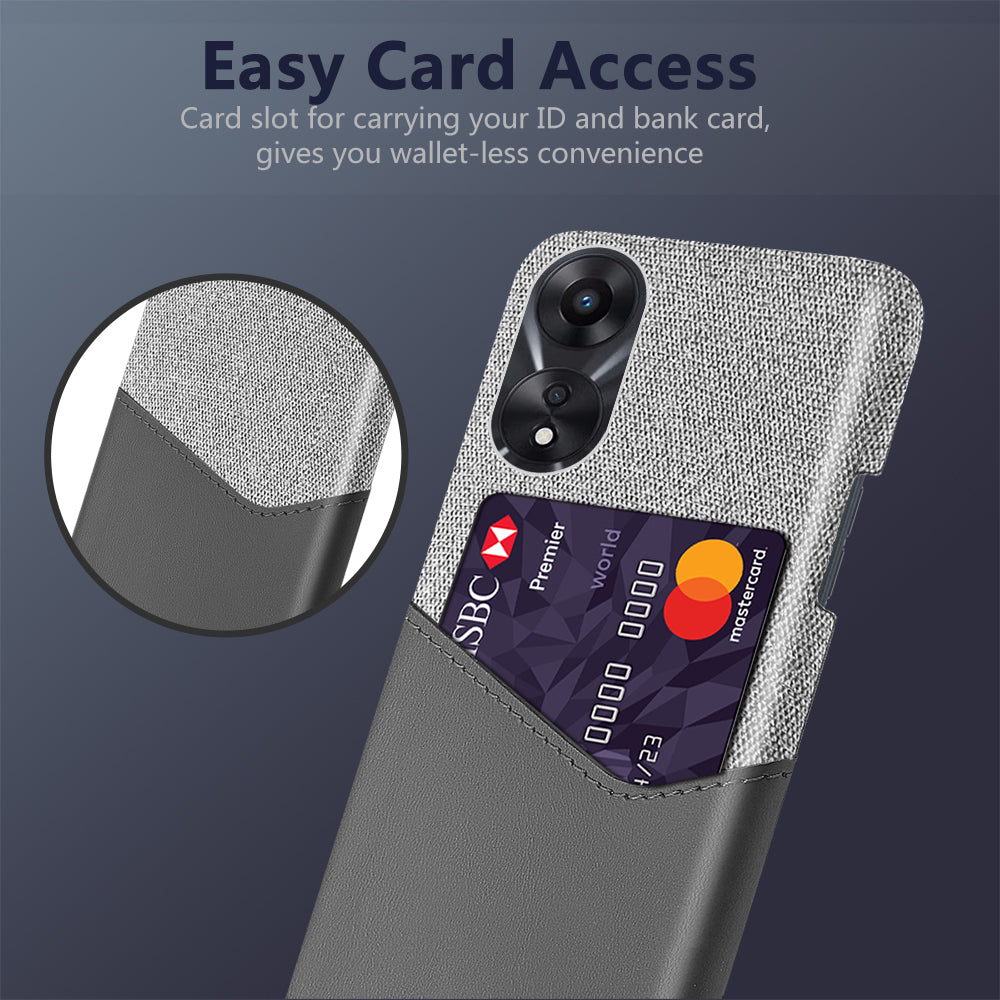 For Oppo A58 5G Cloth Texture Drop-proof Phone Case with Card Slot PU Leather Coated Hard PC Wear-resistant Phone Back Cover