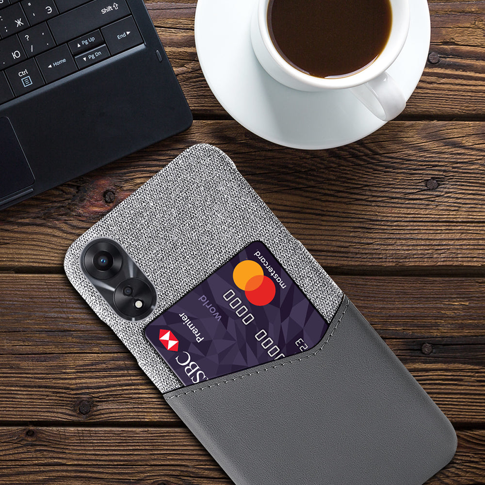 For Oppo A58 5G Cloth Texture Drop-proof Phone Case with Card Slot PU Leather Coated Hard PC Wear-resistant Phone Back Cover