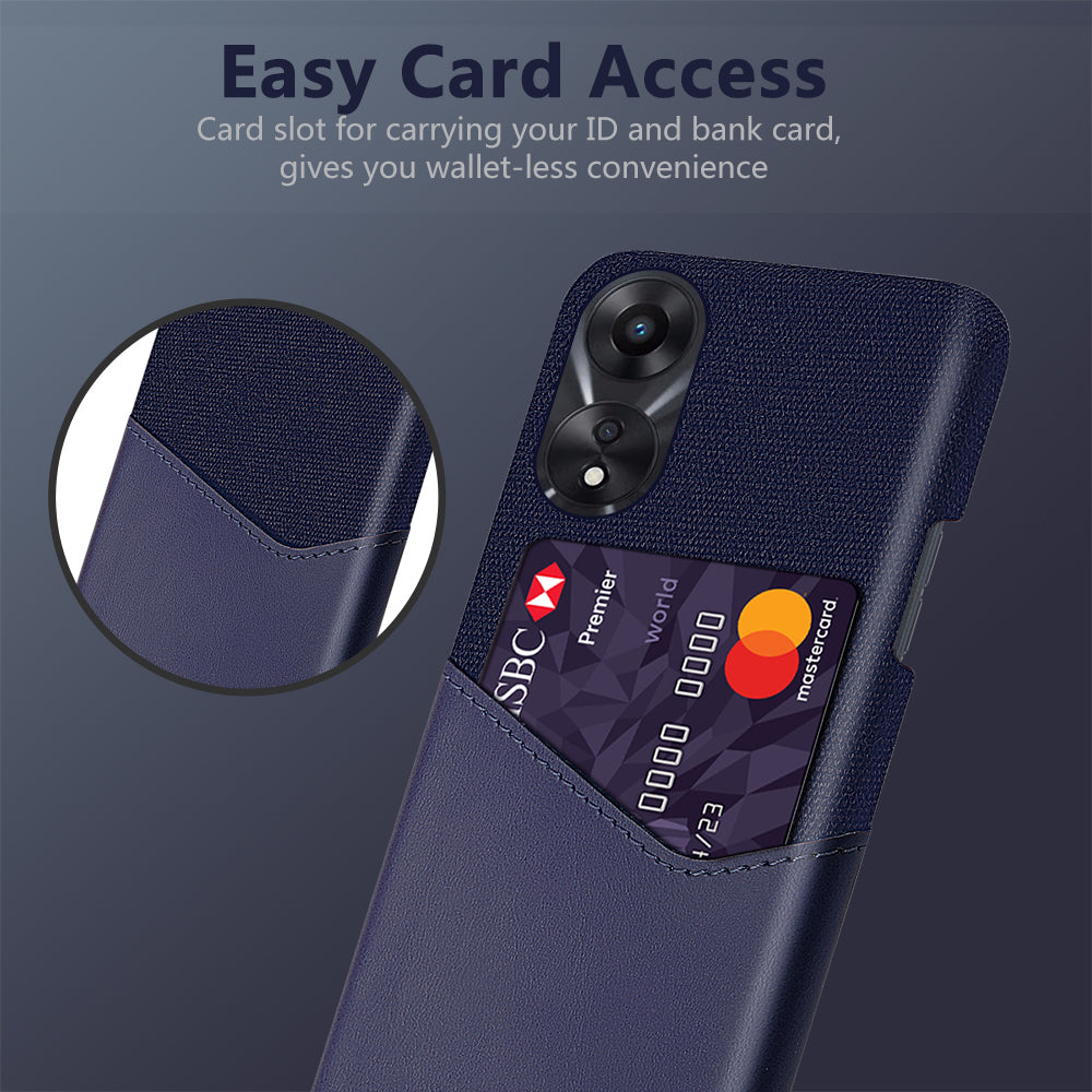 For Oppo A58 5G Cloth Texture Drop-proof Phone Case with Card Slot PU Leather Coated Hard PC Wear-resistant Phone Back Cover