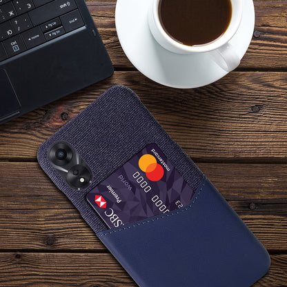 For Oppo A58 5G Cloth Texture Drop-proof Phone Case with Card Slot PU Leather Coated Hard PC Wear-resistant Phone Back Cover
