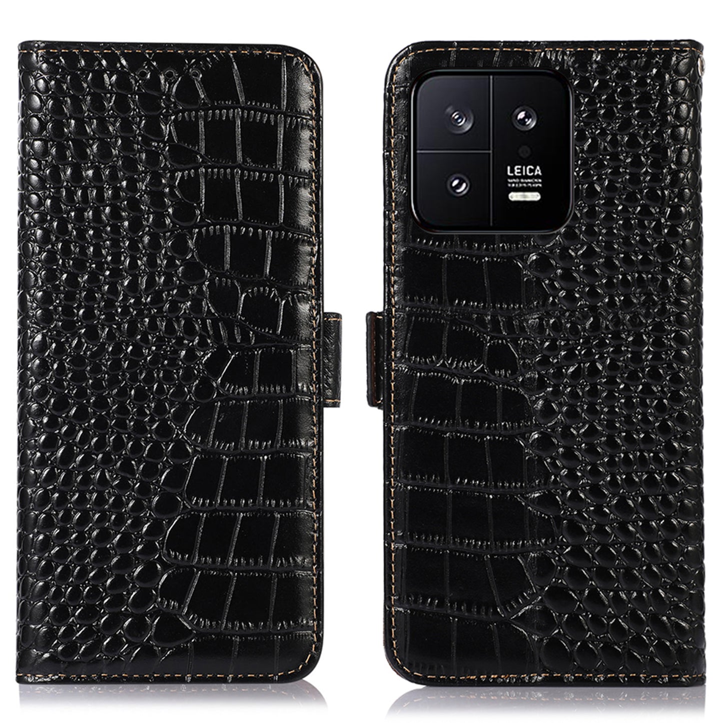 RFID Blocking Phone Case For Xiaomi 13 5G, Foldable Stand Crocodile Texture Genuine Cowhide Leather Flip Wallet Cell Phone Cover