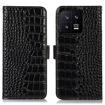 RFID Blocking Phone Case For Xiaomi 13 5G, Foldable Stand Crocodile Texture Genuine Cowhide Leather Flip Wallet Cell Phone Cover
