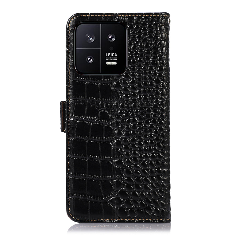 RFID Blocking Phone Case For Xiaomi 13 5G, Foldable Stand Crocodile Texture Genuine Cowhide Leather Flip Wallet Cell Phone Cover