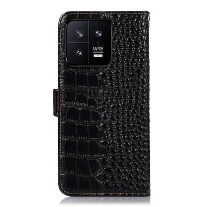 RFID Blocking Phone Case For Xiaomi 13 5G, Foldable Stand Crocodile Texture Genuine Cowhide Leather Flip Wallet Cell Phone Cover