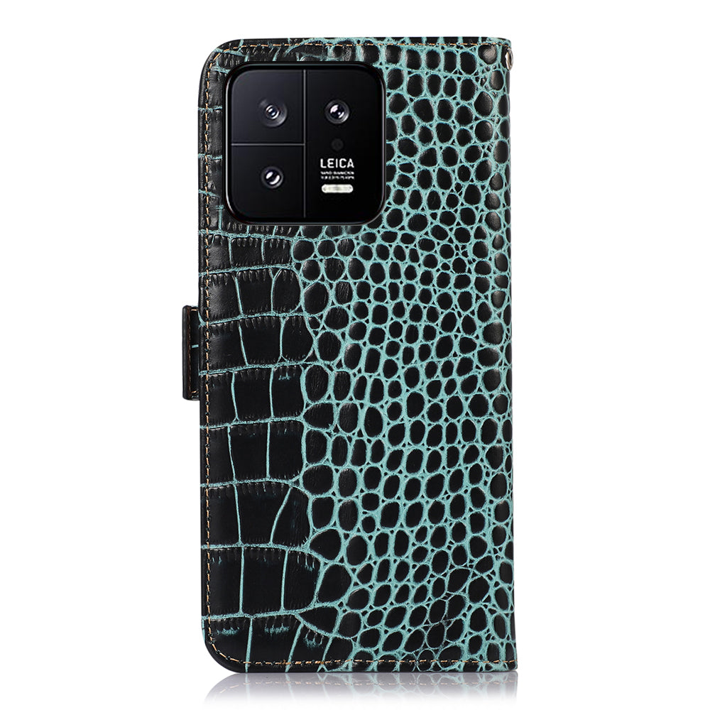 RFID Blocking Phone Case For Xiaomi 13 5G, Foldable Stand Crocodile Texture Genuine Cowhide Leather Flip Wallet Cell Phone Cover