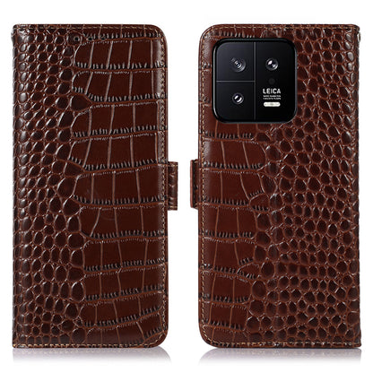 RFID Blocking Phone Case For Xiaomi 13 5G, Foldable Stand Crocodile Texture Genuine Cowhide Leather Flip Wallet Cell Phone Cover
