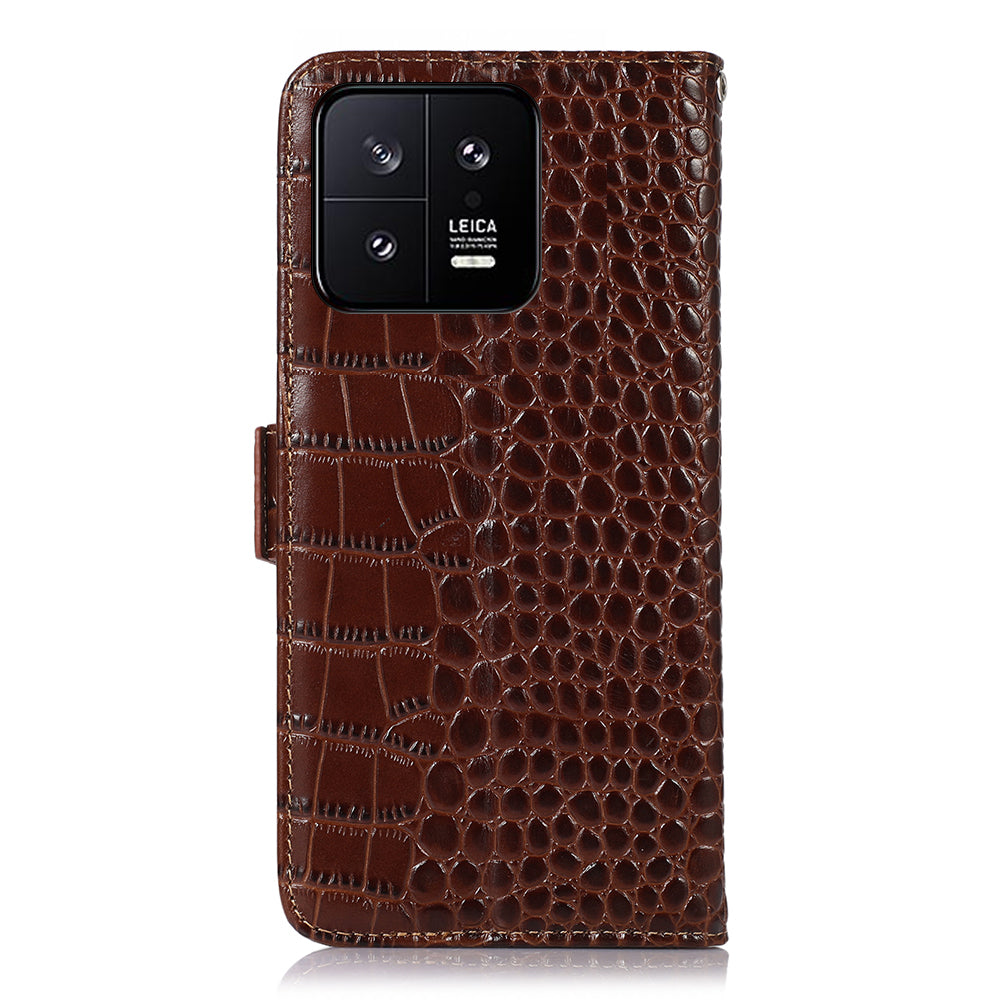 RFID Blocking Phone Case For Xiaomi 13 5G, Foldable Stand Crocodile Texture Genuine Cowhide Leather Flip Wallet Cell Phone Cover