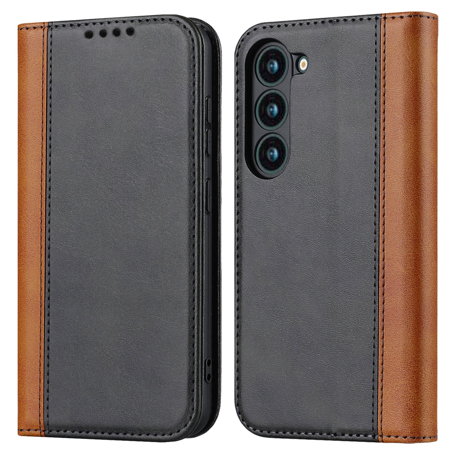 For Samsung Galaxy S23+ Phone Cover Bi-color Splicing Magnetic Closure PU Leather Calf Texture Stand Flip Wallet Case