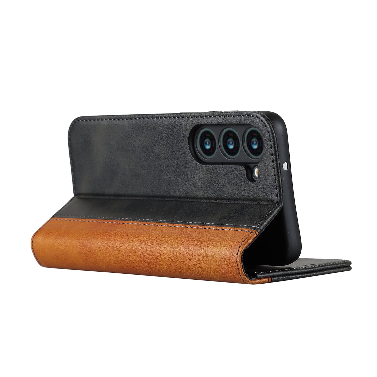 For Samsung Galaxy S23+ Phone Cover Bi-color Splicing Magnetic Closure PU Leather Calf Texture Stand Flip Wallet Case