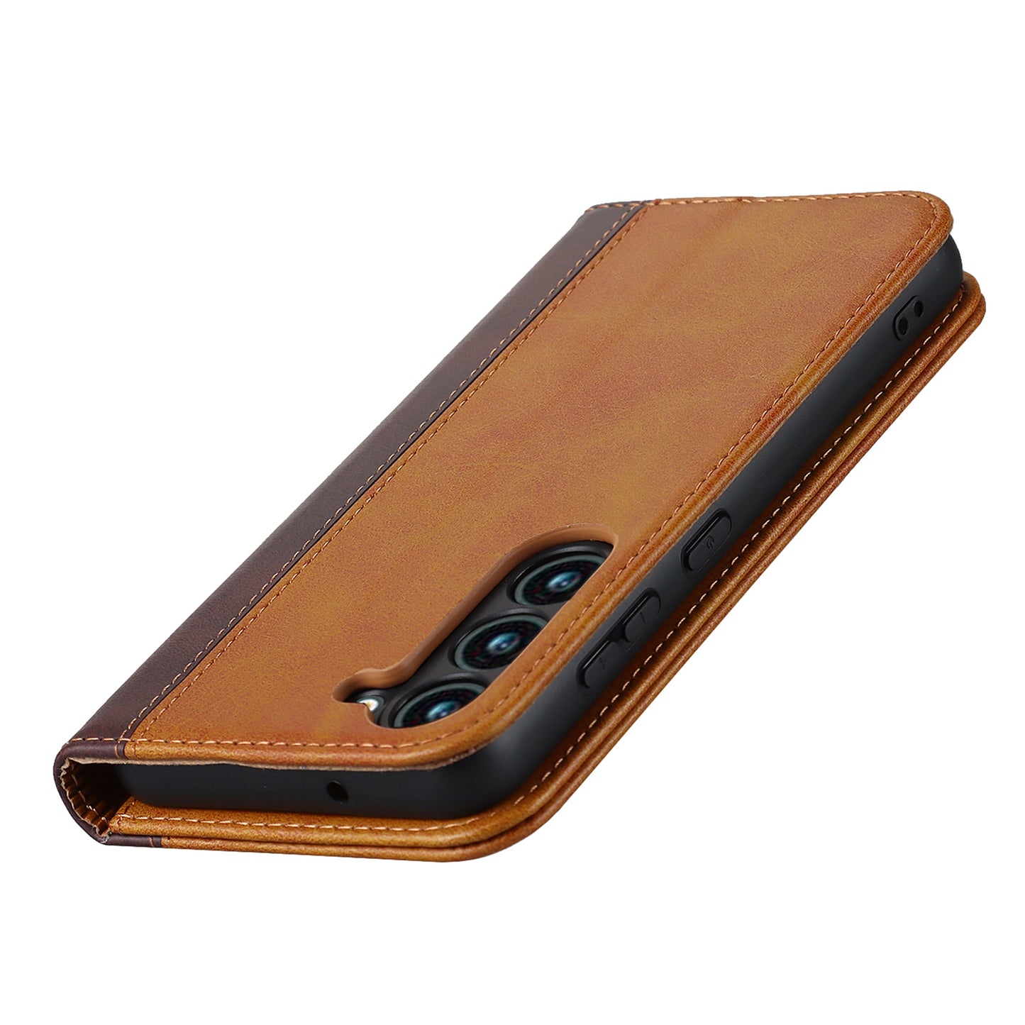 For Samsung Galaxy S23+ Phone Cover Bi-color Splicing Magnetic Closure PU Leather Calf Texture Stand Flip Wallet Case