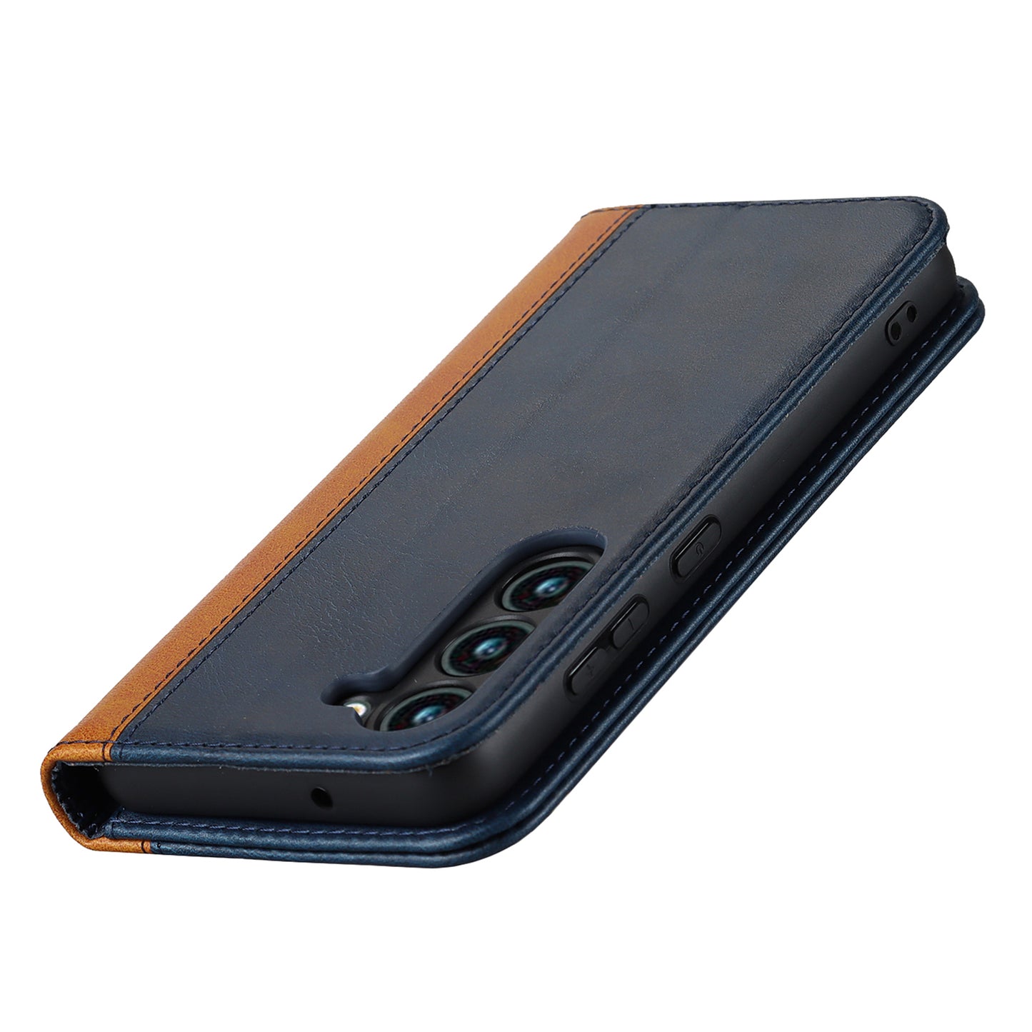 For Samsung Galaxy S23+ Phone Cover Bi-color Splicing Magnetic Closure PU Leather Calf Texture Stand Flip Wallet Case