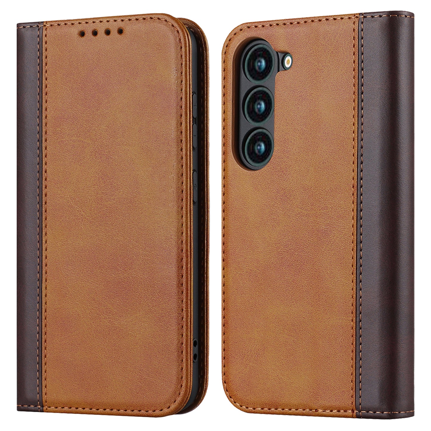 For Samsung Galaxy S23+ Phone Cover Bi-color Splicing Magnetic Closure PU Leather Calf Texture Stand Flip Wallet Case