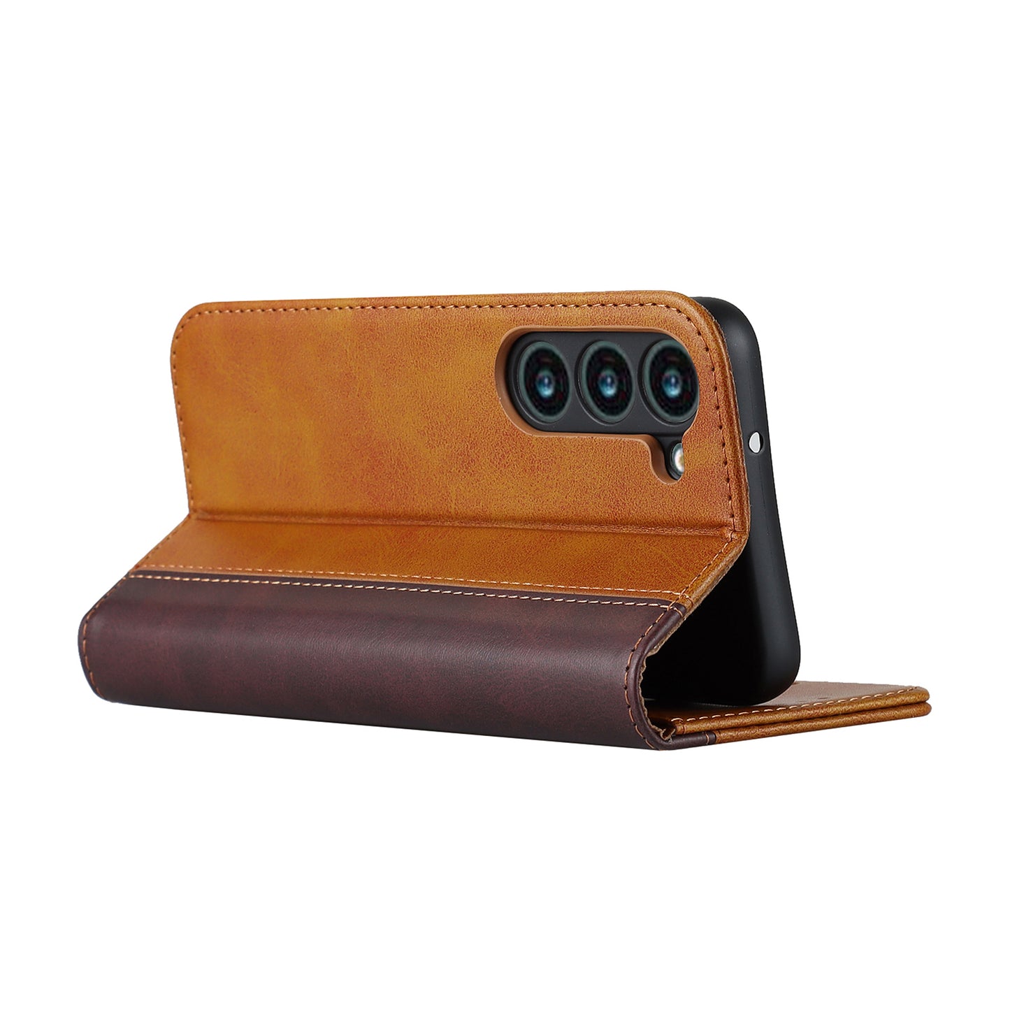 For Samsung Galaxy S23+ Phone Cover Bi-color Splicing Magnetic Closure PU Leather Calf Texture Stand Flip Wallet Case